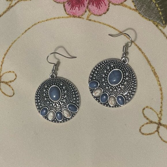 💙 Blue, White and Silver Statement Earrings - Picture 1 of 1